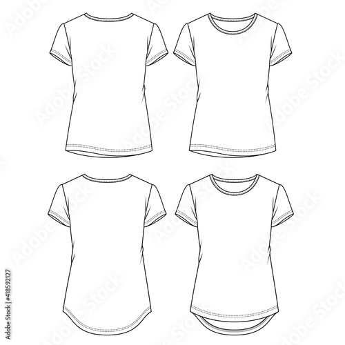 Women Basic t shirt fashion flat sketch template. Girls Short Sleeves Top Technical Fashion Illustration