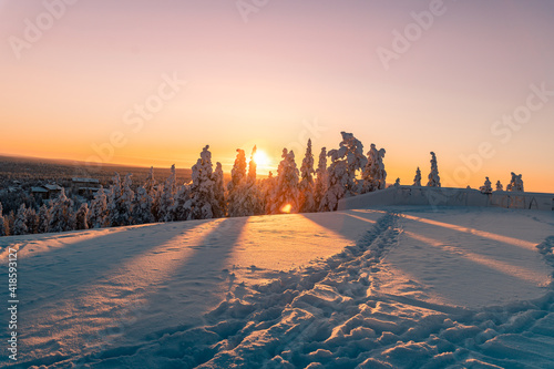 Winter landscape at sunset, frozen trees in winter in Lapland, Finland 