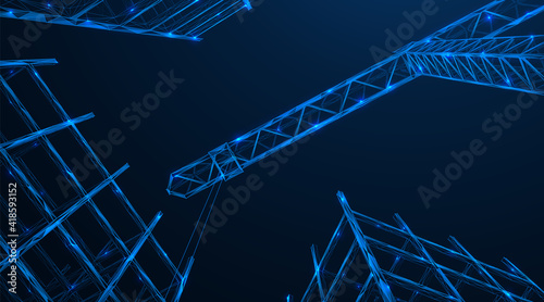 Tower crane in the process of building construction. The architectural design industry. The frame of a skyscraper. Polygonal construction. Blue background.