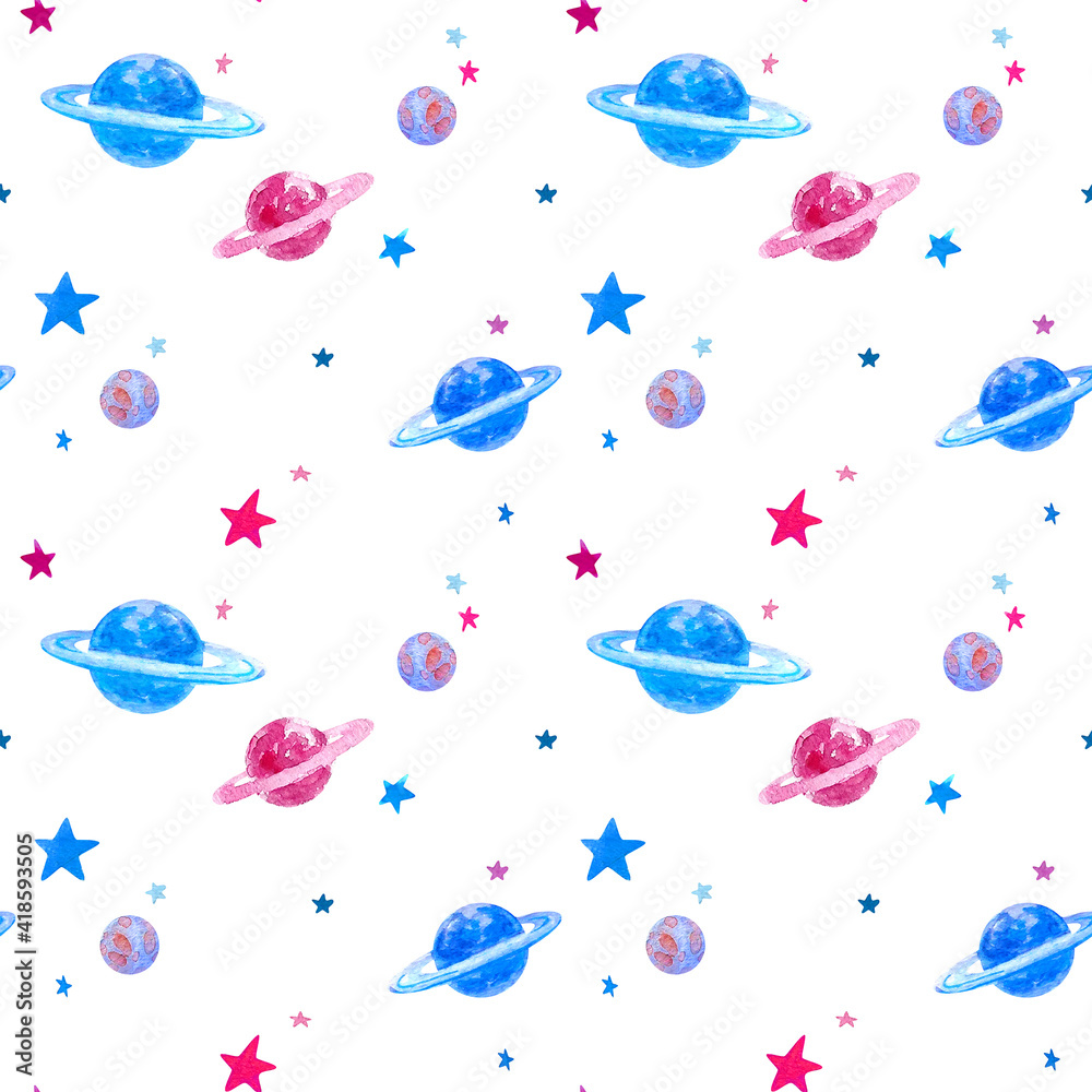 Space seamless watercolor pattern. Galaxy. International Day of Human Space Flight.