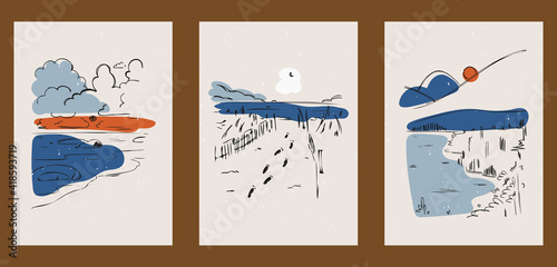 A set of three identical panoramic posters. Backgrounds for interior design, social media, marketing, advertising, covers. Vintage illustrations in boho style with sea, waves, mountains, thin lines.