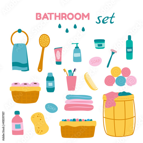 Set of elements for the bathroom in bright color. Vector illustration with isolated items of accessories for cleanliness and self-care in a cartoon hand-drawn style
