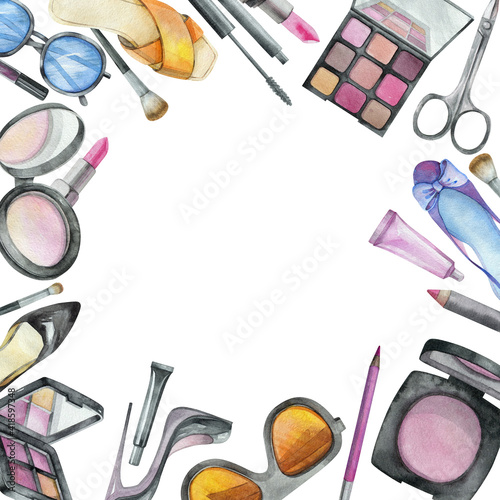 Frame for your design from decorative cosmetics and accessories. Watercolor