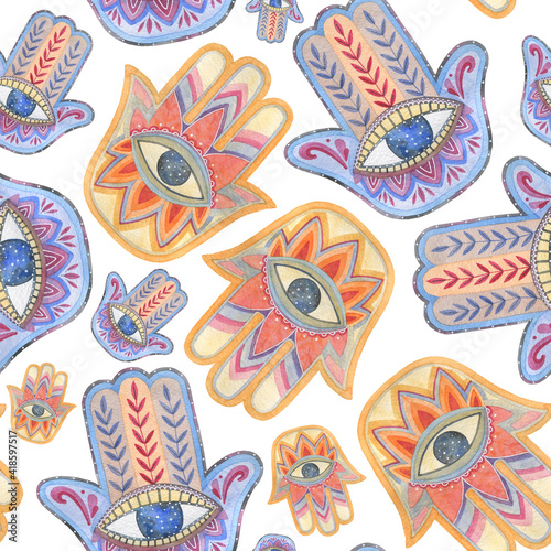 Seamless watercolor pattern of palms decorated with a human eye and floral ornaments.