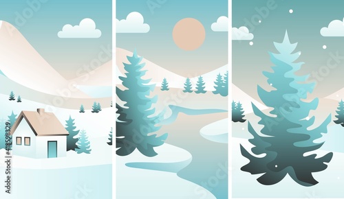 Nature vector background set. Winter landscape with snowdrifts and snowy fir trees. Seasonal nature background. Frosty snow hills. Snowy background. Snowdrifts. Snowfall. Vector illustration.