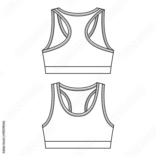 Girls Sports Bra fashion flat sketch template. Women Active wear Crop tank top Technical Fashion Illustration