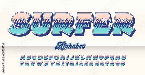 A stylized 3d capitals alphabet called Surfer; great for surf related logos, tee shirt designs, beachwear, etc.