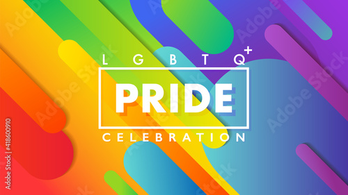 Pride Celebration sign with frame over a colorful round geometric rainbow background for LGBTQ rights and movements concept.