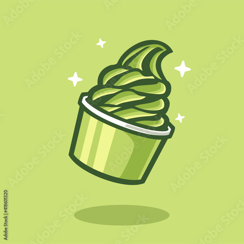 Green Tea Ice Cream in Paper Cup Vector Image. Matcha Soft Serve. 
