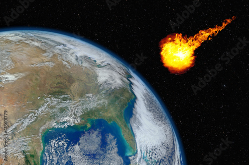 Fototapeta Naklejka Na Ścianę i Meble -  Dangerous asteroid approaching planet Earth, total disaster and life extinction, elements of this image furnished by NASA