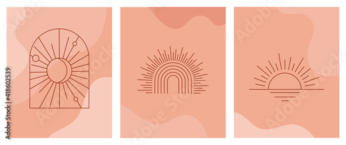 Bohemian linear logos, icons and symbols, sun design templates, terracotta geometric abstract design elements for decoration. 