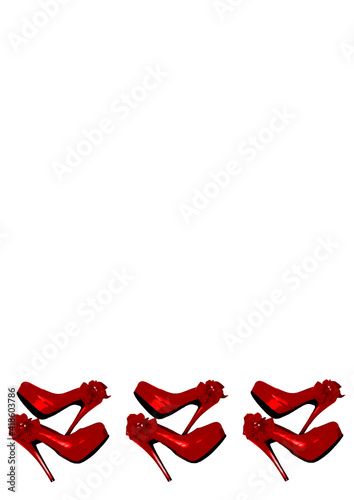 Frames on a white background A4, vertical - Dressed red shoes on the platform with a bow on a high thin heel.
