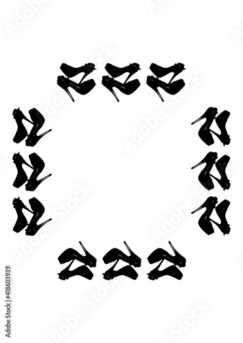 Frames on a white background A4, vertical - Dressed black shoes on the platform with a bow on a high thin heel. Shoes