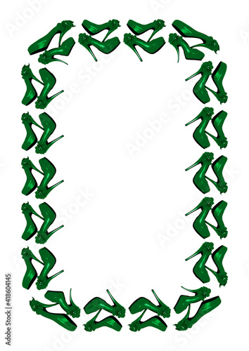 Frames on a white background A4, vertical - Dressed green shoes on the platform with a bow on a high thin heel.
