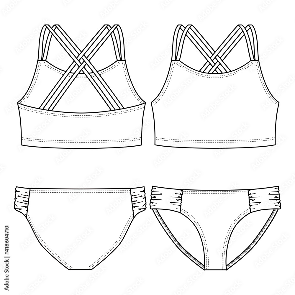 Girls Swimwear Bikini fashion flat sketch template. Technical Fashion  Illustration. Strap overlapping Detail Stock Vector | Adobe Stock