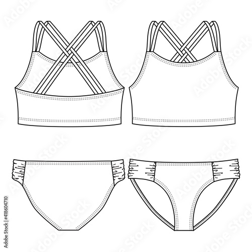 Girls Swimwear Bikini fashion flat sketch template. Technical Fashion Illustration. Strap overlapping Detail