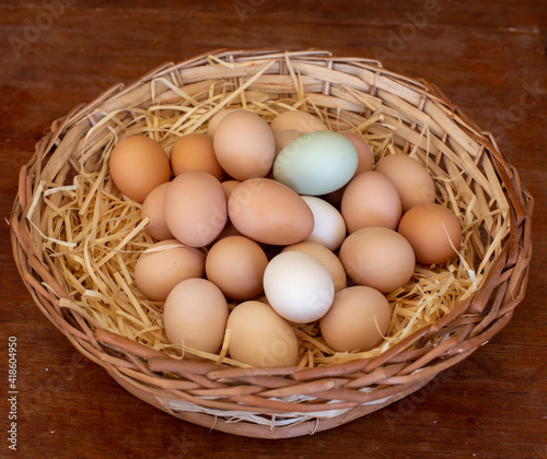 Free-range chicken eggs in straw basket, food rich in healthy protein