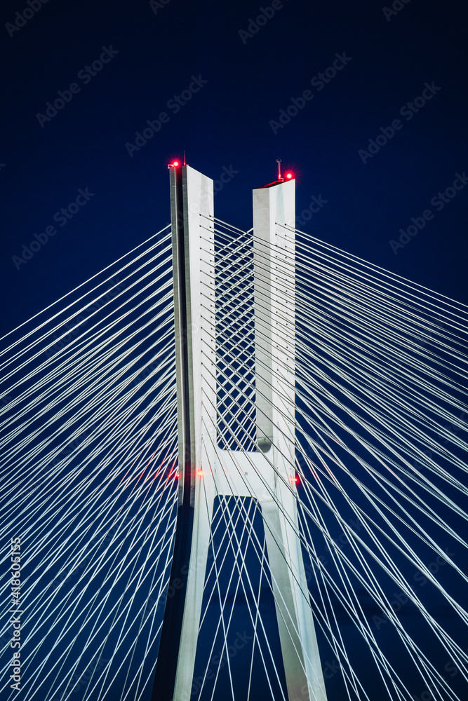 Fototapeta premium Wroclaw Redzinski Bridge over the Odra River, illuminated pylon and cable-stayed on the sky background.