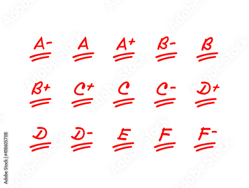 Exam score illustration set, red letter grade mark, school est result collection - Vector photo