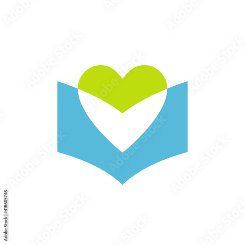 Heart and book logo design, book lover symbol, book readers club group - Vector
