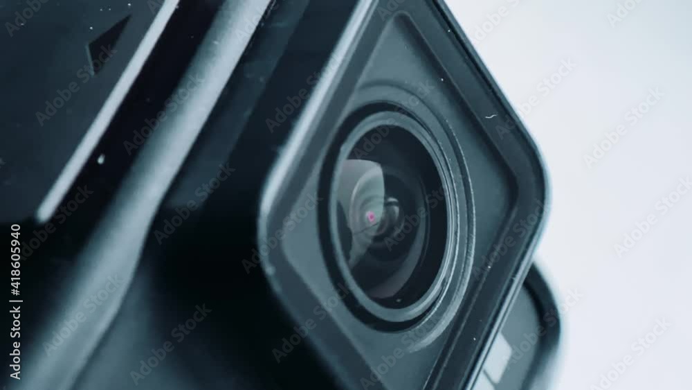 Action camera close-up. Camera lens Action camera close-up. Camera lens