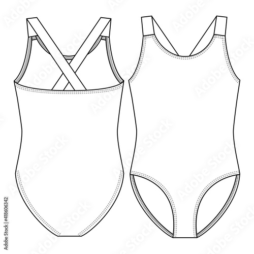 Basic Teen Girls One piece Swimsuit fashion flat sketch template. Elastic Straps. Swimwear Technical Fashion Illustration. 