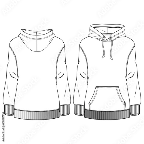 Women Fleece Hoody fashion flat sketch template. Technical Fashion Illustration. Girls hooded Sweatshirt Top