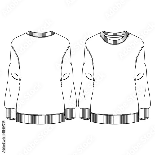 Women Basic Crew Neck Fleece Top fashion flat sketch template. Technical Fashion Illustration. Girls Sweatshirt