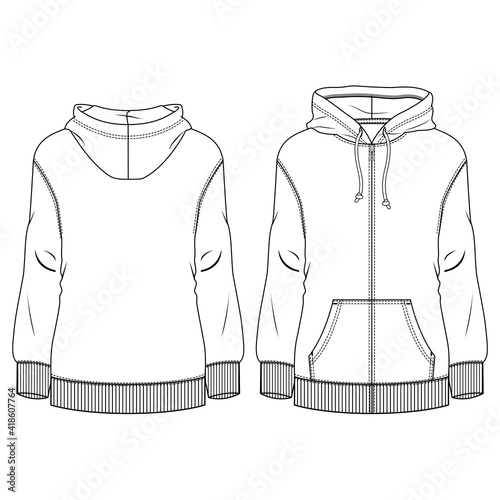 Women Hooded Fleece Top fashion flat sketch template. Technical Fashion Illustration. Girls Zip Front Sweatshirt. 