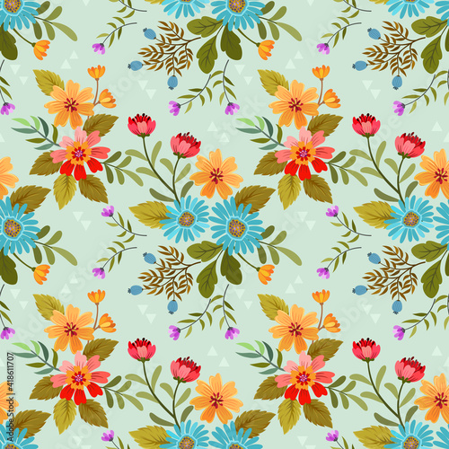 Colorful hand drawn flowers seamless patter design on light green background for fabric, textile, and wallpaper.