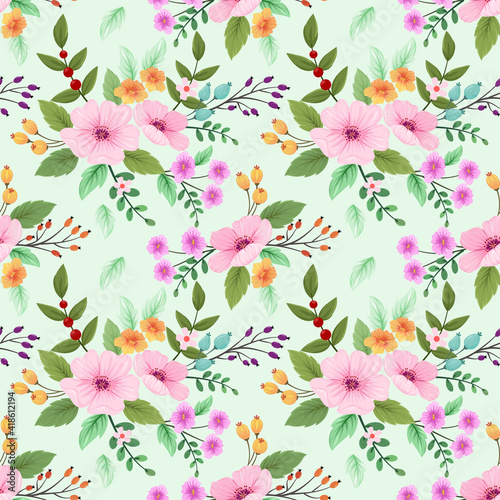 Seamless pattern colorful flowers on light green background for fashion prints, wrapping, textile, paper, wallpaper. © Orlandoit