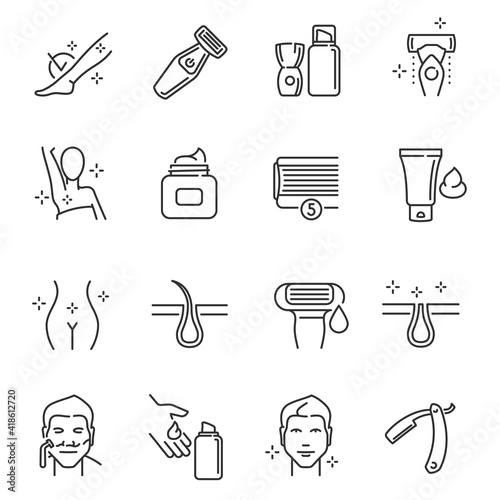 Collection of hand drawn shaving icon monochrome outline epilation depilation equipment care