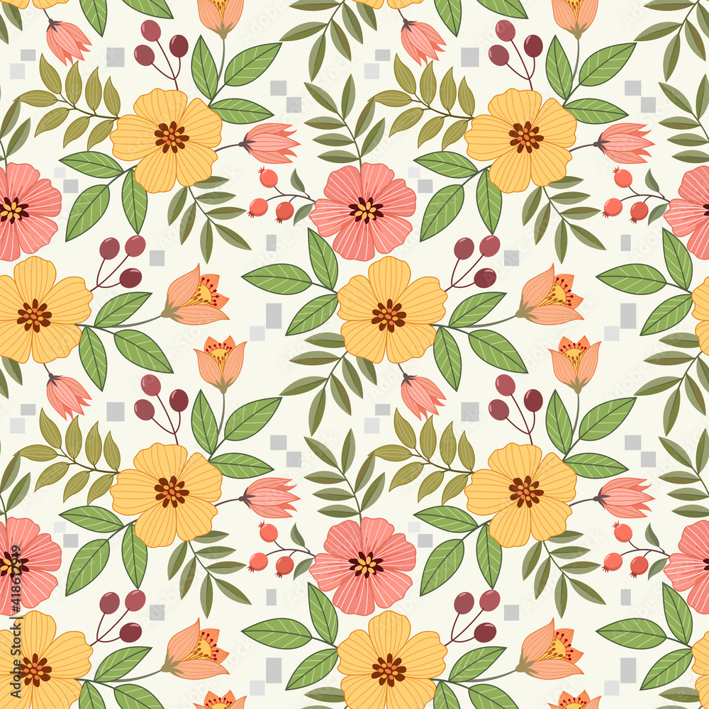 Colorful hand draw flowers seamless pattern on light green background for fabric, textile, and wallpaper. Colorful hand draw flowers seamless pattern on light green background for fabric, textile, and wallpaper.