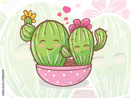 cute cactus couple cartoon character and illustration.