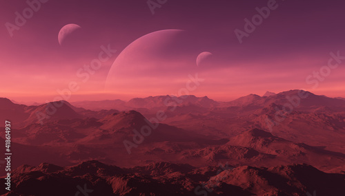 3d rendered Space Art: Alien Planet - A Fantasy Landscape with red skies and planets