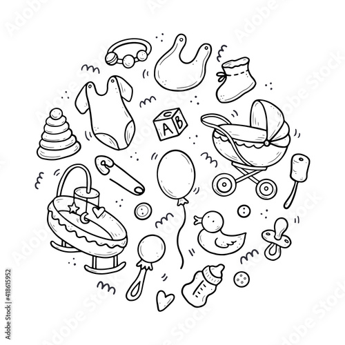 Hand drawn set of baby shower things, toy, rattle, milk bootle, clothes. Comic doodle sketch style. Baby element drawn by digital brush-pen. Cute illustration for icon, background, frame design.