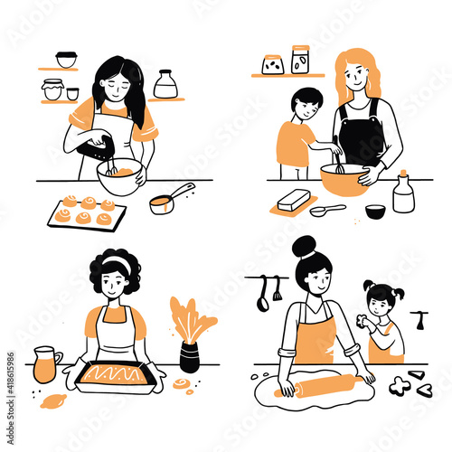 Hand drawn set of cooking people character. Smiling young woman, mom with child cook together. Doodle sketch style illustration. Concept of home prepare dish, dinner on the kitchen.