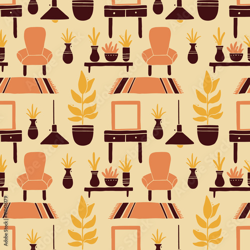 Seamless pattern of living room furniture elements, sofa, chair, shelf, houseplants. Simple trendy flat style. Concept of home interior design. Illustration for wallpaper, background, textile design