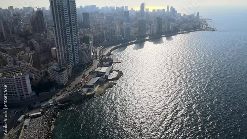 Aerial Drone shot of Beirut's waterfront showing Ein Mraisseh, AUB, and Manara photo