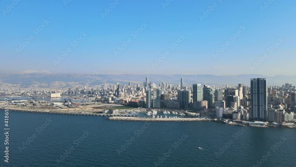 Aerial Drone shot of Beirut's waterfront showing Zaitouna Bay and Yacht Club Aerial Drone shot of Beirut's waterfront showing Zaitouna Bay and Yacht Club