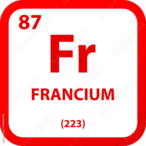 Francium Fr Alkali metal Chemical Element vector illustration diagram, with atomic number, mass and electron configuration. Simple outline flat   design for education, lab, science class.