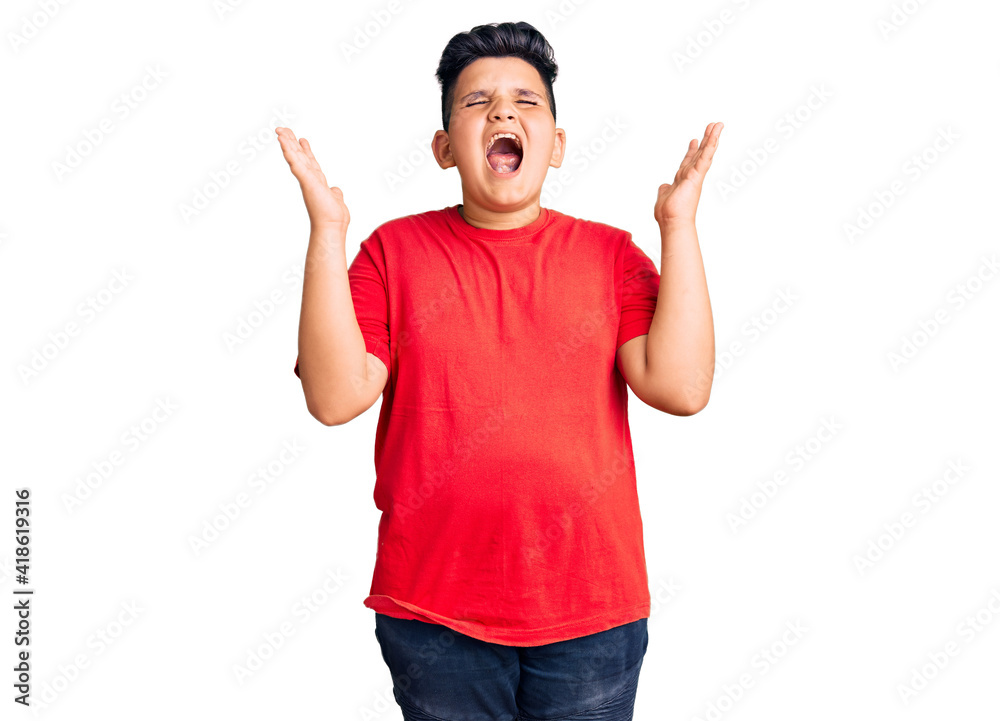 Little boy kid wearing casual clothes celebrating mad and crazy for success with arms raised and closed eyes screaming excited. winner concept Little boy kid wearing casual clothes celebrating mad and crazy for success with arms raised and closed eyes screaming excited. winner concept