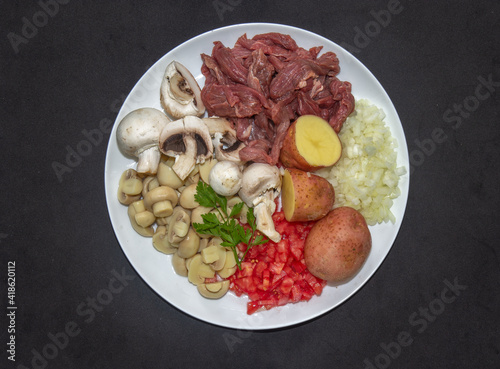 Ingredients for filet mignon stroganoff, top view photo