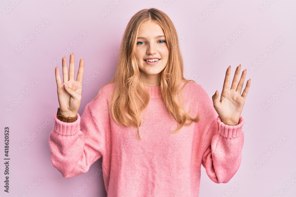 Beautiful young caucasian girl wearing casual clothes showing and pointing up with fingers number nine while smiling confident and happy. Beautiful young caucasian girl wearing casual clothes showing and pointing up with fingers number nine while smiling confident and happy.