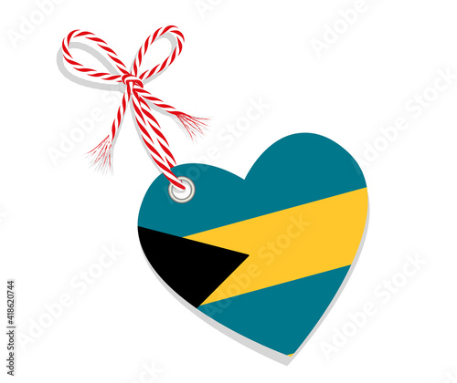 Fahne als Herz  „I Love Bahamas“ mit Kordel-Schleife,
Vektor Illustration isoliert auf weißem Hintergrund

