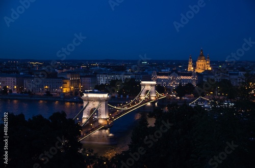 A panoramic view of Budapest and chain bridge over river danube during dusk