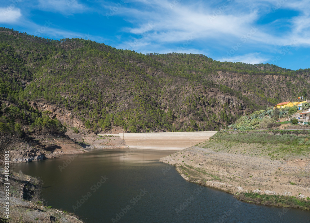 View of sweet water dam Presa de Los Perez lake in Tamadaba nature park. Gran Canaria, Canary Islands, Spain