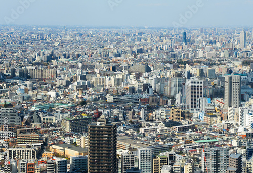 High angle view of Tokyo  Japan with countless buildings. Mix of high and low constructions. Biggest city in the world.