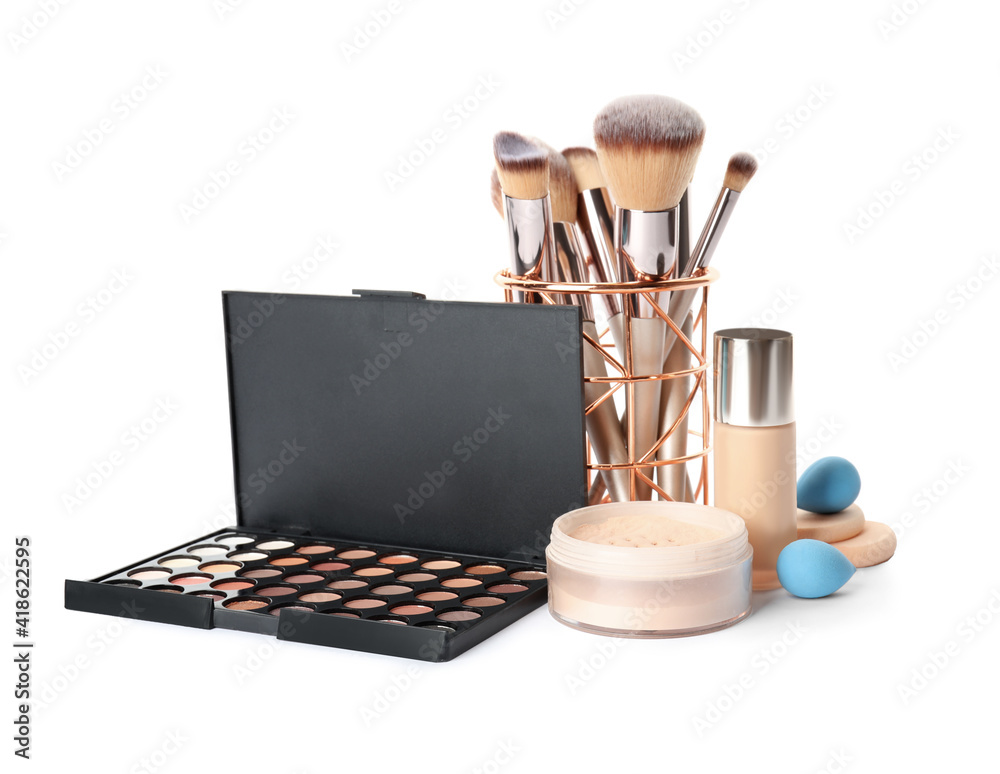 Set of makeup products and accessories on white background - obrazy, fototapety, plakaty 