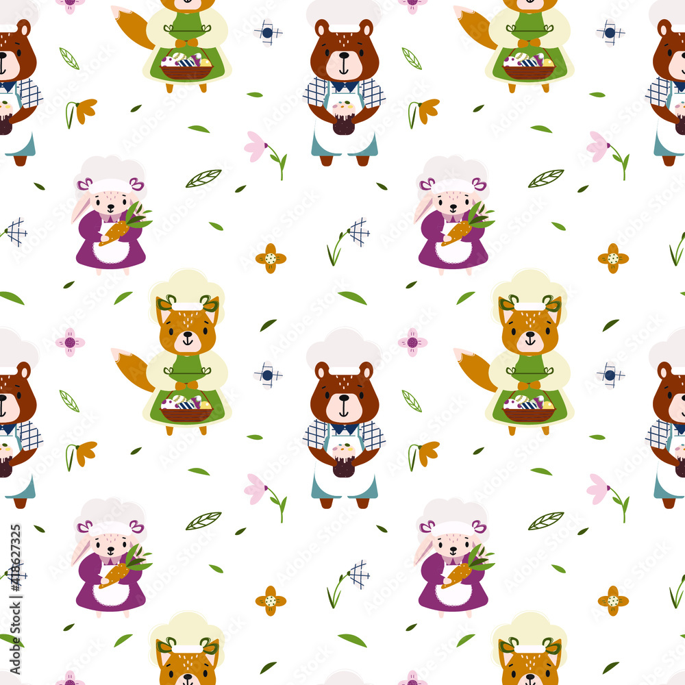 Vector seamless Easter pattern with decorated flowers, carrot, eggs, bear, fox and rabbit. Spring Easter background with colorful characters and decorations.